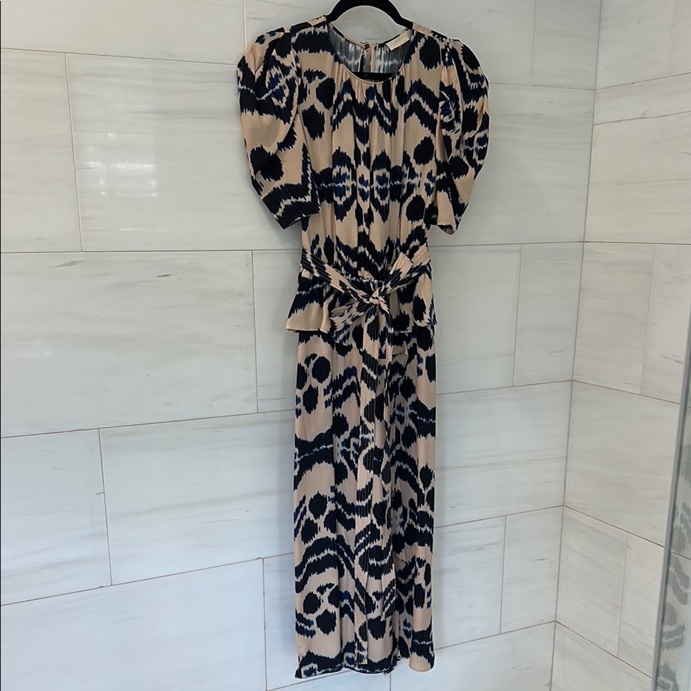 Ulla Johnson Blue and Cream Sheath Dress with Puff Sleeves - size 2